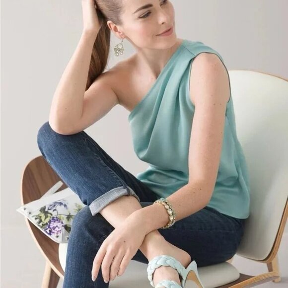 2/$30 White House Black Market Sleeveless One-Shoulder Draped Top Aquifer #A0039 - Picture 3 of 11